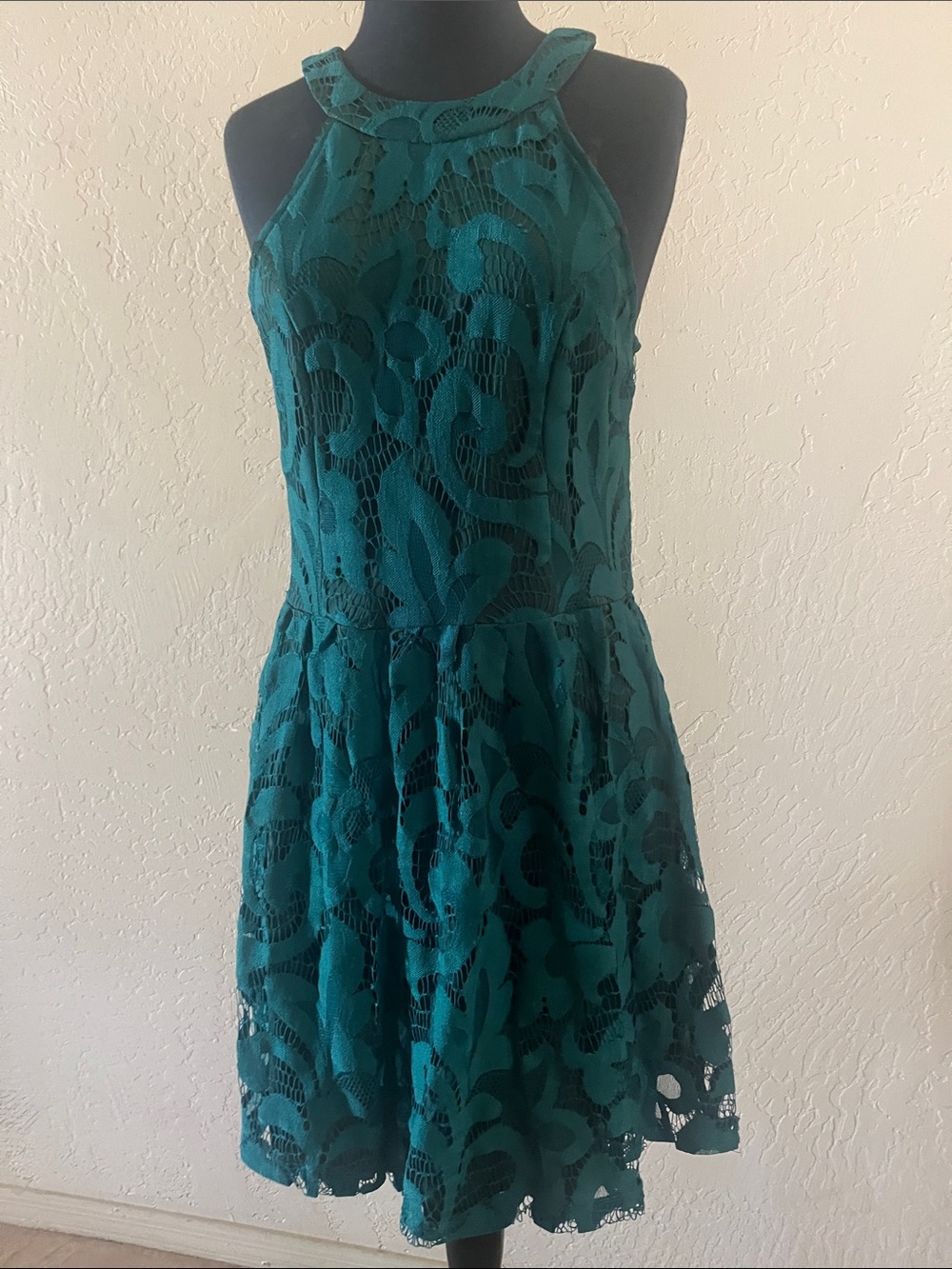 Dainty Hooligan Teal Lace Halter Mini Dress